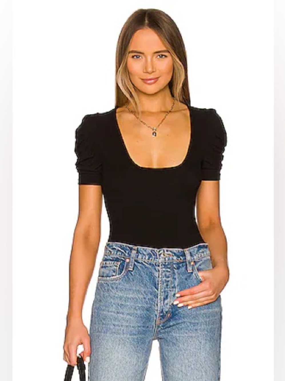 Free People So Fresh Black Scoop Neck Puff Sleeve Bodysuit β€οΈNWTβ€οΈ